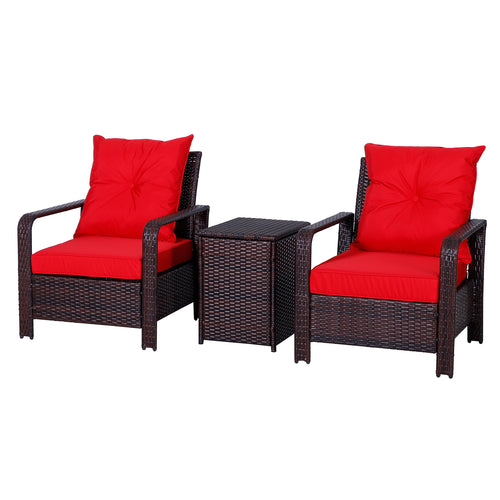 3 Pieces Patio Bistro Set, PE Rattan Garden Sofa Set with 2 Padded Chairs 1 Storage Table, Red