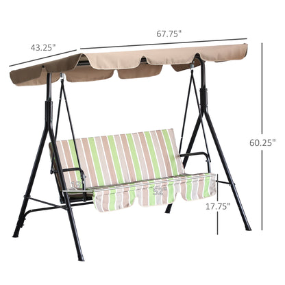 3-Seat Patio Swing Chair, Outdoor Porch Swing Glider with Adjustable Canopy, Removable Cushion, and Weather Resistant Steel Frame, for Garden, Poolside, Green Stripes - Gallery Canada