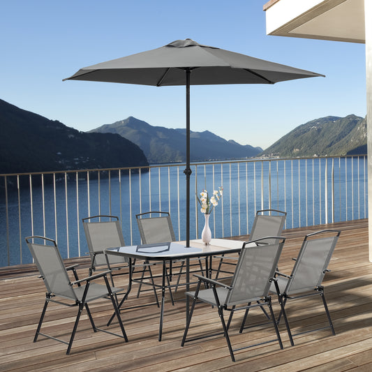 8 Piece Patio Dining Set with Table Umbrella, 6 Folding Chairs and Rectangle Dining Table, Outdoor Patio Furniture Set, Grey - Gallery Canada