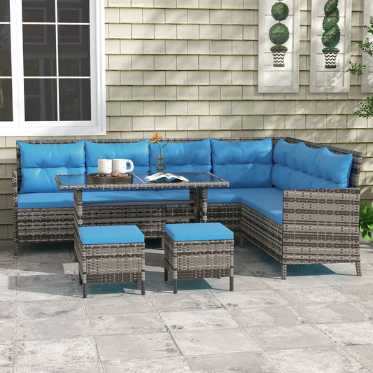 6pcs Outdoor Rattan Sofa Set Garden Wicker Sectional Couch Furniture Set with Dining Table and Chair Blue - Gallery Canada