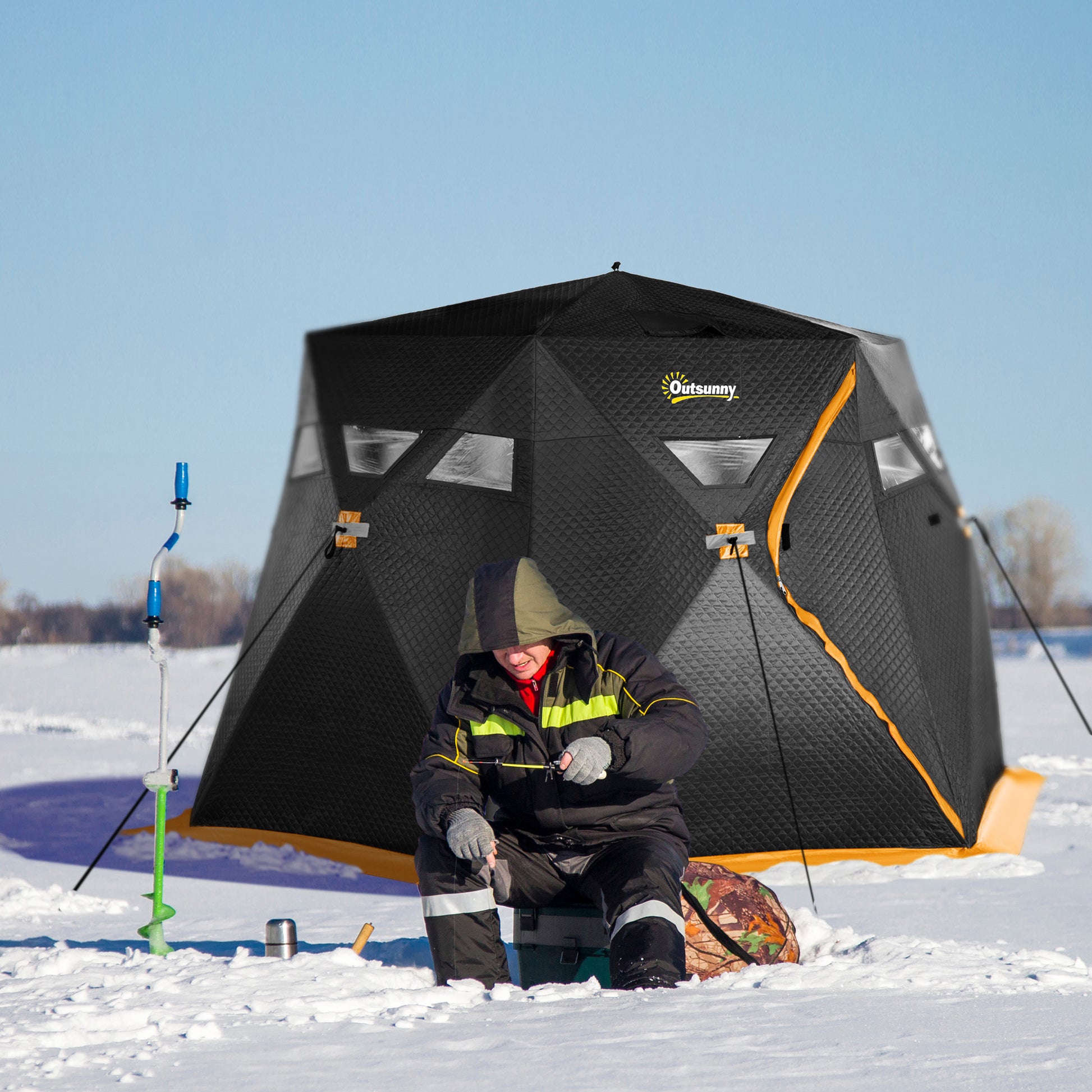4 Person Insulated Ice Fishing Shelter, Pop-Up Portable Ice Fishing Tent with Carry Bag, Two Doors and Anchors for -22℉, Black and Orange at Gallery Canada