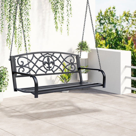 50"L Steel Porch Swing Fleur-De-Lis Patio Swing Chair Hanging Bench Outdoor 2-person Glider Chair Seat w/ Chain Antique Style Black - Gallery Canada
