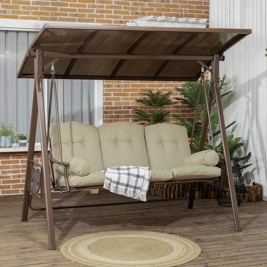 3-Seat Patio Swing Chair, Outdoor Canopy Swing Glider with Cushion, Pillows and Adjustable Polycarbonate Canopy for Porch, Garden, Poolside, Backyard, Khaki - Gallery Canada