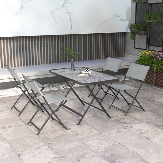 5 Pieces Foldable Patio Dining Table and Chairs, Outdoor Dining Set for 4 with Large Rectangle Glass Top Table and 4 Stackable Chairs for Conservatory, Garden, Deck, Grey - Gallery Canada