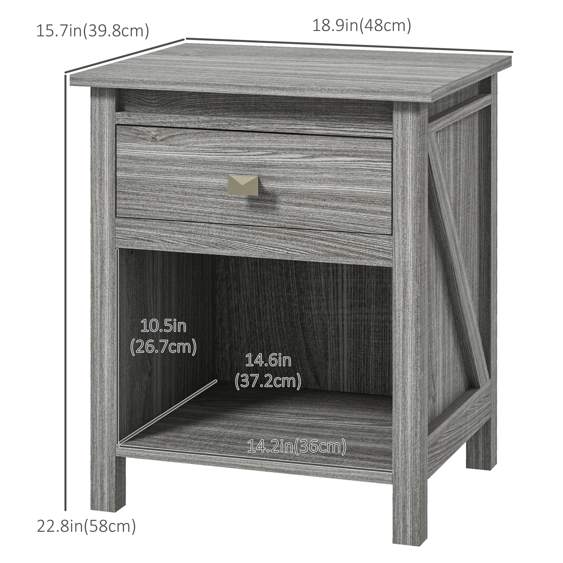 Bedside Table, Farmhouse Nightstand with with Drawer and Storage Shelf, Night Table for Bedroom, Grey - Gallery Canada