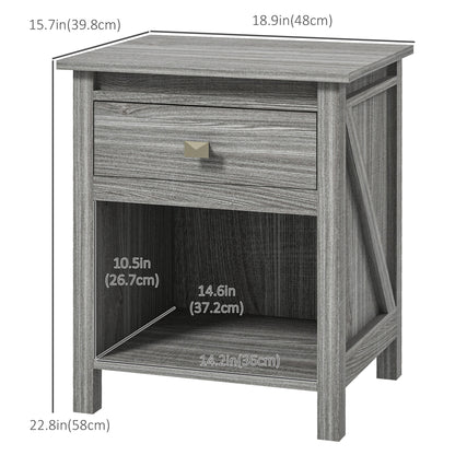 Bedside Table, Farmhouse Nightstand with with Drawer and Storage Shelf, Night Table for Bedroom, Grey - Gallery Canada