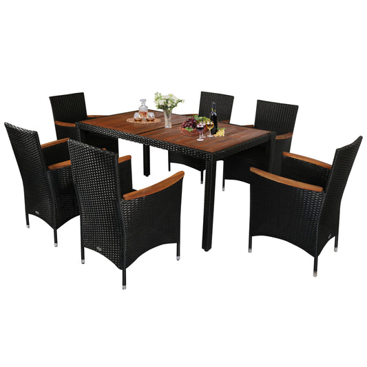 7 Piece Patio Furniture set, Patio Wicker Dining Set, with Acacia Wood Table Top, Soft Cushion, Black - Gallery Canada
