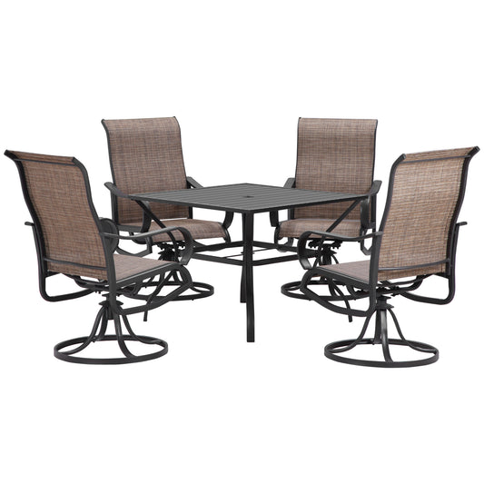 5-Piece Outdoor Patio Dining Set, 4 Swivel Rocker Chairs and 37" x 37" Dining Table Furniture Set with Umbrella Hole for Garden, Lawn and Backyard, Brown - Gallery Canada