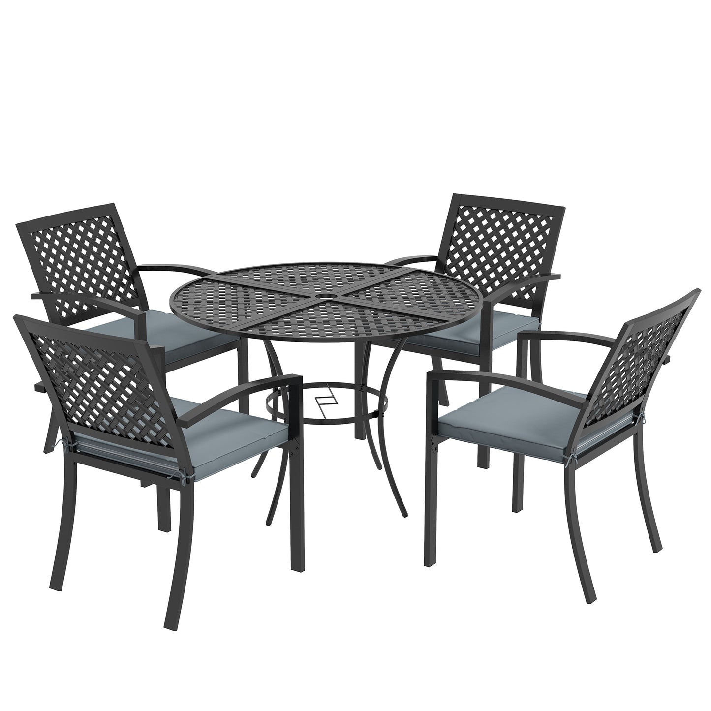 5-Piece Outdoor Dining Set with 4 Stackable Cushioned Armchairs, Patio Furniture Sets with Umbrella Hole Metal Plate Table, for Garden Deck Poolside Lawn Yard, Grey - Gallery Canada
